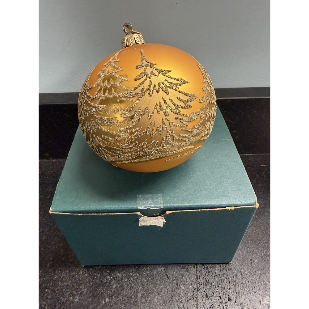 Vintage Dept 56 Glass Christmas Ornament Poland Gold Beaded Glitter Tree Box Tag